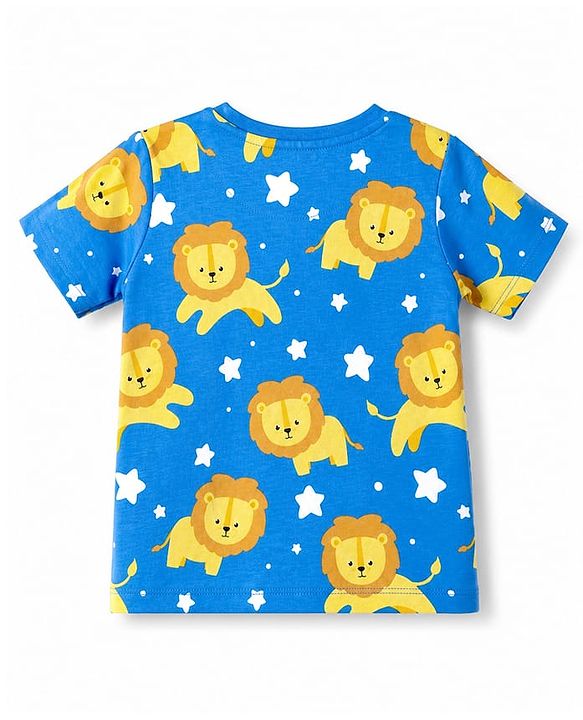 Babyhug 100% Cotton Knit Half Sleeves Lion & Star Printed Co-Ords T-Shirt & Shorts Night Suit - Blue