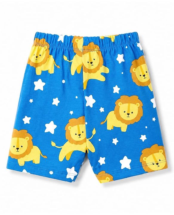 Babyhug 100% Cotton Knit Half Sleeves Lion & Star Printed Co-Ords T-Shirt & Shorts Night Suit - Blue