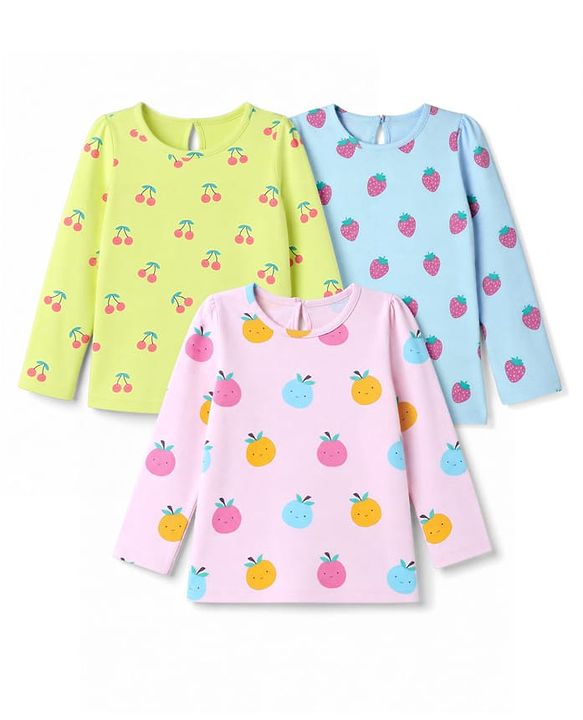 Babyhug 100% Cotton Knit Full Sleeves T-Shirts with Fruit Print Pack of 3 - Yellow Pink & Mint