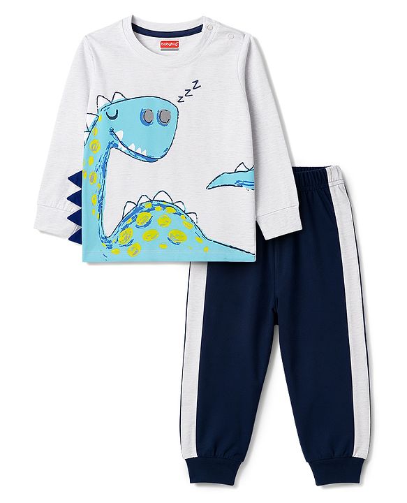 Babyhug 100% Cotton Knit Full Sleeves Dino Printed T-Shirt & Pyjama Night Suit - Grey