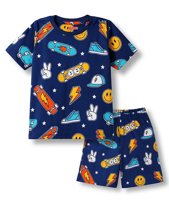 Babyhug 100% Cotton Knit Half Sleeves Sports Theme & Star Printed Co-Ords T-Shirt & Shorts Night Suit - Navy Blue