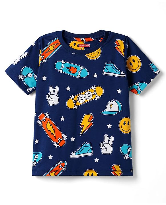 Babyhug 100% Cotton Knit Half Sleeves Sports Theme & Star Printed Co-Ords T-Shirt & Shorts Night Suit - Navy Blue