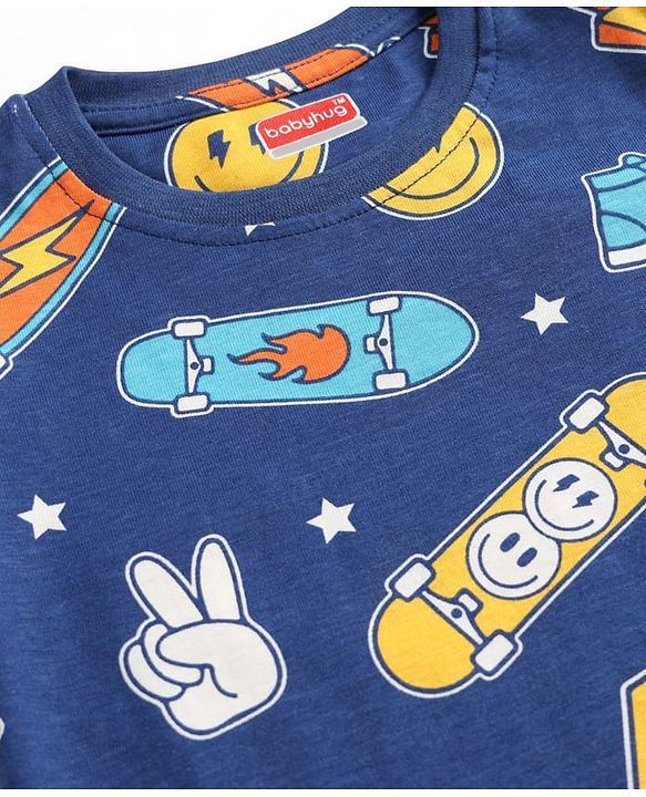 Babyhug 100% Cotton Knit Half Sleeves Sports Theme & Star Printed Co-Ords T-Shirt & Shorts Night Suit - Navy Blue