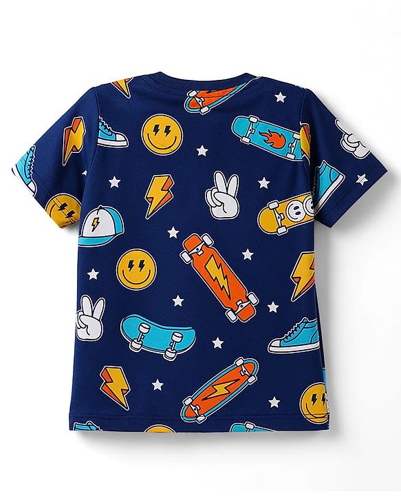 Babyhug 100% Cotton Knit Half Sleeves Sports Theme & Star Printed Co-Ords T-Shirt & Shorts Night Suit - Navy Blue