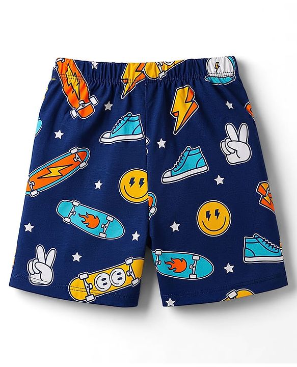 Babyhug 100% Cotton Knit Half Sleeves Sports Theme & Star Printed Co-Ords T-Shirt & Shorts Night Suit - Navy Blue