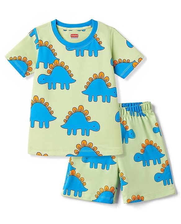 Babyhug 100% Cotton Knit Half Sleeves T-Shirt & Shorts Night Suit With Dino Print - Green