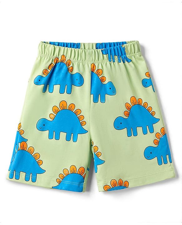 Babyhug 100% Cotton Knit Half Sleeves T-Shirt & Shorts Night Suit With Dino Print - Green