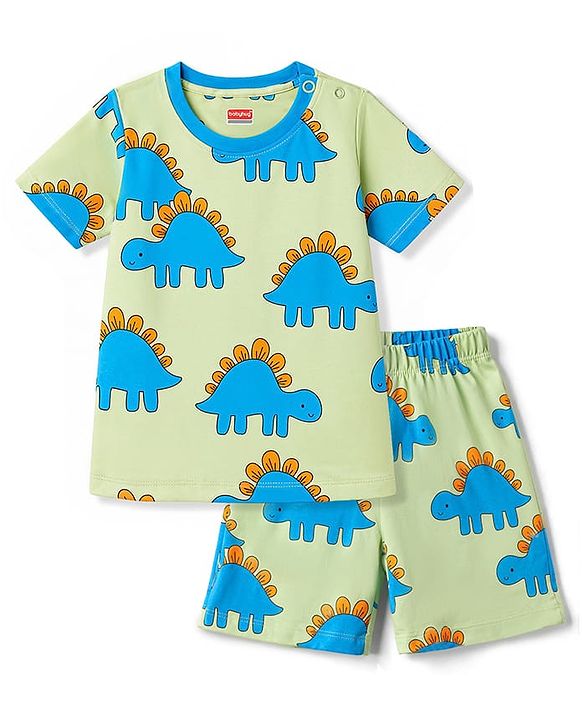 Babyhug 100% Cotton Knit Half Sleeves T-Shirt & Shorts Night Suit With Dino Print - Green