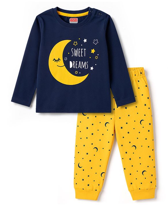 Babyhug 100% Cotton Knit Full Sleeves Sweet Dreams Printed T-Shirt & Pyjama Night Suit - Navy