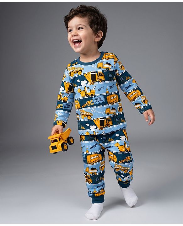 Babyhug 100% Cotton Knit Full Sleeves JCB Printed Co-Ords T-Shirt & Pyjama Night Suit - Multicolour