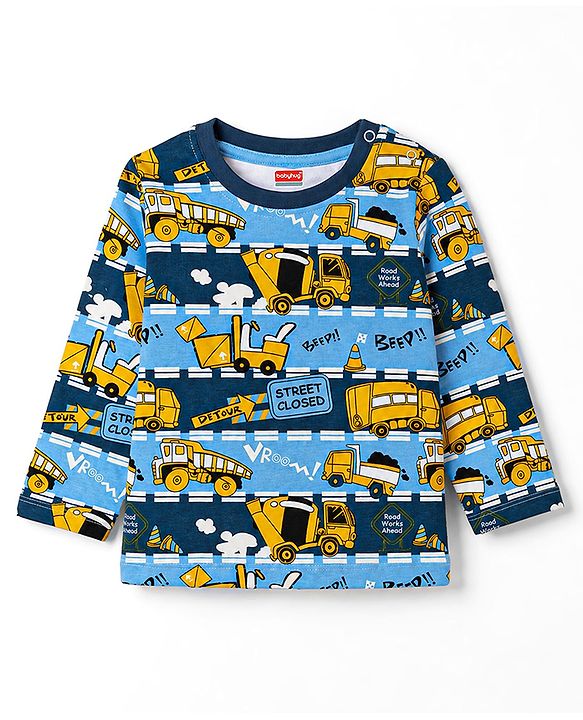 Babyhug 100% Cotton Knit Full Sleeves JCB Printed Co-Ords T-Shirt & Pyjama Night Suit - Multicolour