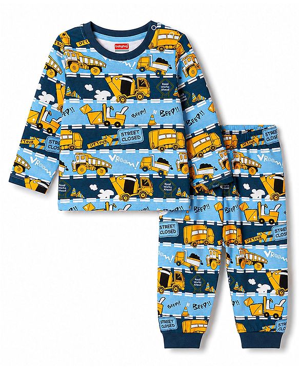 Babyhug 100% Cotton Knit Full Sleeves JCB Printed Co-Ords T-Shirt & Pyjama Night Suit - Multicolour