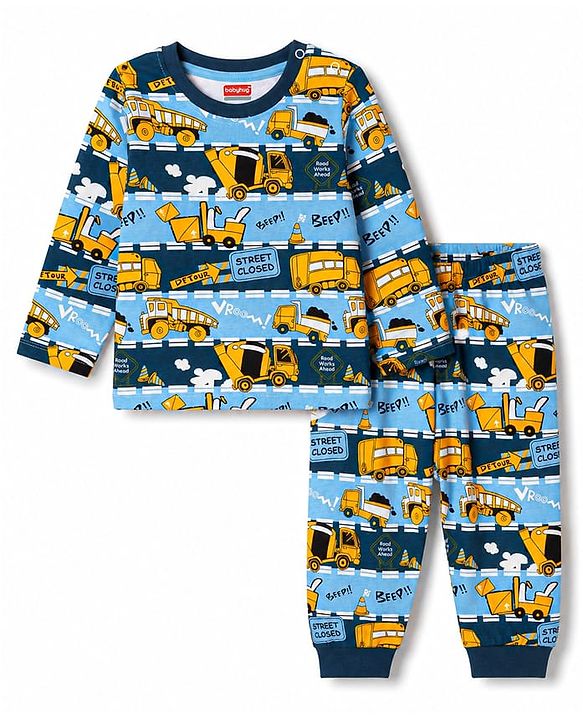 Babyhug 100% Cotton Knit Full Sleeves JCB Printed Co-Ords T-Shirt & Pyjama Night Suit - Multicolour