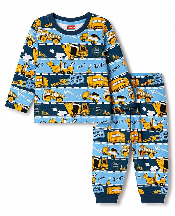 Babyhug 100% Cotton Knit Full Sleeves JCB Printed Co-Ords T-Shirt & Pyjama Night Suit - Multicolour