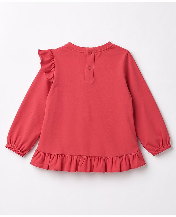 Babyhug 100% Cotton Knit Full Sleeves Bunny Printed & Floral Applique T-Shirt With Frill Detailing - Red