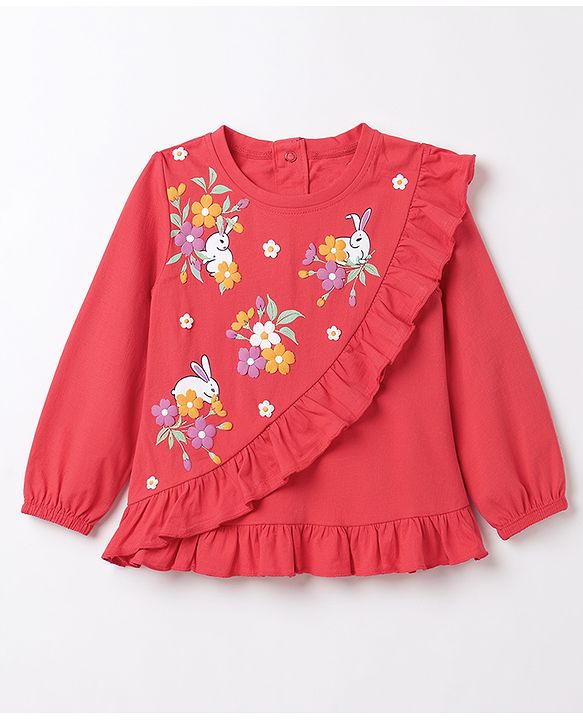 Babyhug 100% Cotton Knit Full Sleeves Bunny Printed & Floral Applique T-Shirt With Frill Detailing - Red