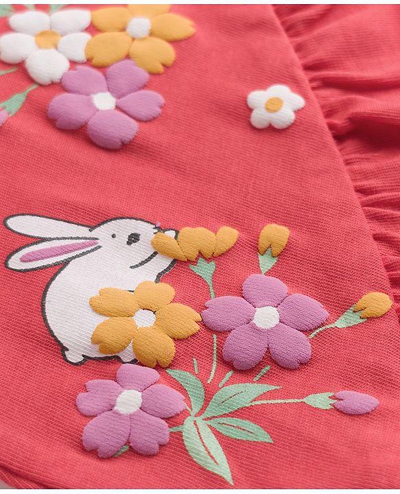 Babyhug 100% Cotton Knit Full Sleeves Bunny Printed & Floral Applique T-Shirt With Frill Detailing - Red
