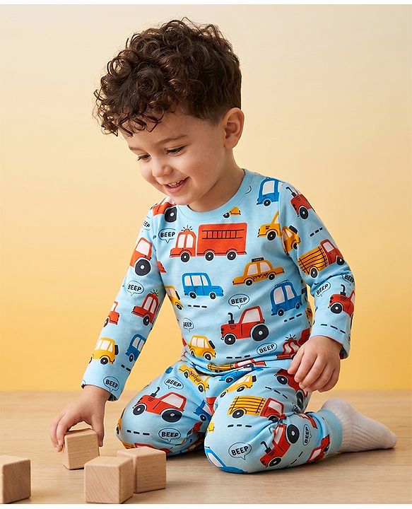 Babyhug 100% Cotton Knit Full Sleeves Vehicles Printed Co-Ords T-Shirt & Pyjama Night Suit - Light Blue