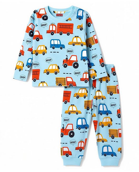 Babyhug 100% Cotton Knit Full Sleeves Vehicles Printed Co-Ords T-Shirt & Pyjama Night Suit - Light Blue
