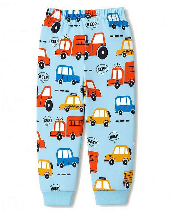 Babyhug 100% Cotton Knit Full Sleeves Vehicles Printed Co-Ords T-Shirt & Pyjama Night Suit - Light Blue