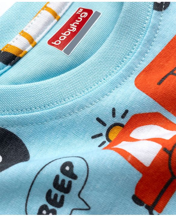Babyhug 100% Cotton Knit Full Sleeves Vehicles Printed Co-Ords T-Shirt & Pyjama Night Suit - Light Blue