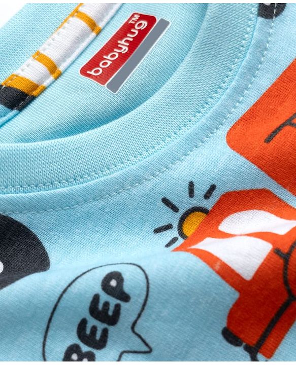 Babyhug 100% Cotton Knit Full Sleeves Vehicles Printed Co-Ords T-Shirt & Pyjama Night Suit - Light Blue