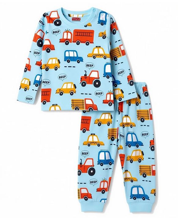 Babyhug 100% Cotton Knit Full Sleeves Vehicles Printed Co-Ords T-Shirt & Pyjama Night Suit - Light Blue