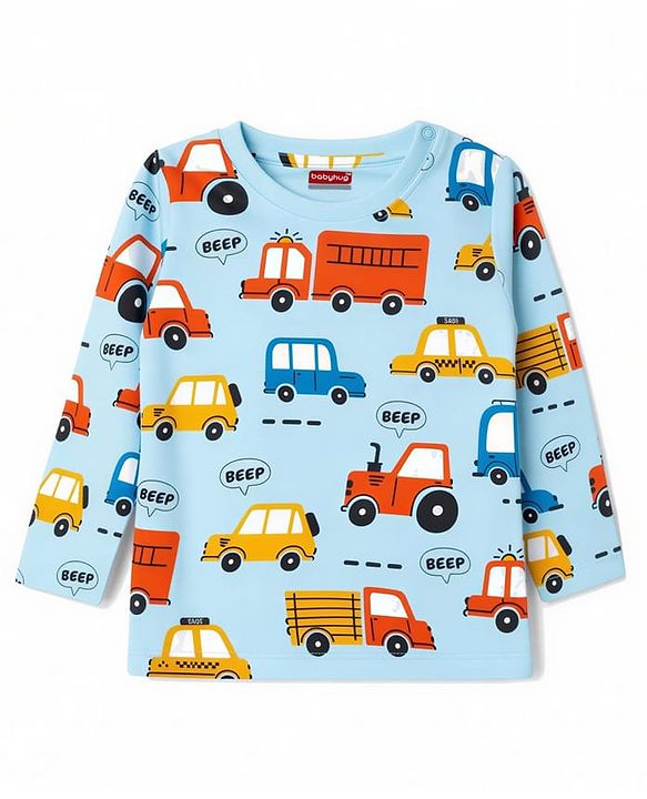 Babyhug 100% Cotton Knit Full Sleeves Vehicles Printed Co-Ords T-Shirt & Pyjama Night Suit - Light Blue