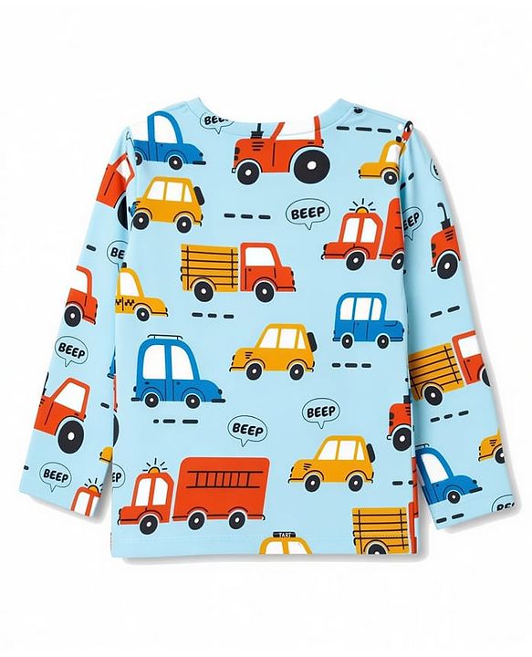 Babyhug 100% Cotton Knit Full Sleeves Vehicles Printed Co-Ords T-Shirt & Pyjama Night Suit - Light Blue