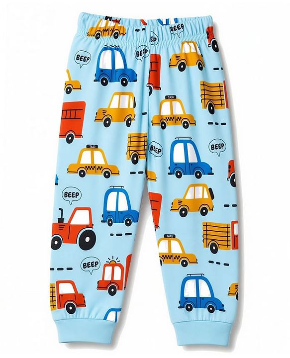 Babyhug 100% Cotton Knit Full Sleeves Vehicles Printed Co-Ords T-Shirt & Pyjama Night Suit - Light Blue