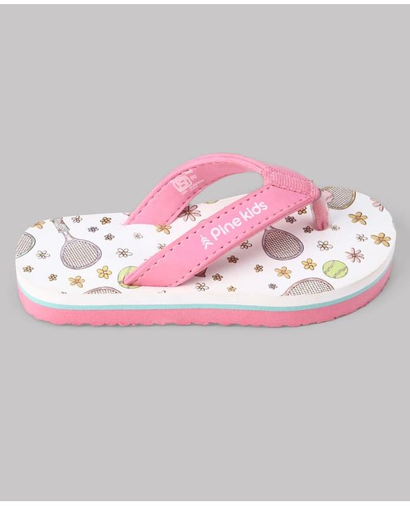 Pine Kids Slip On Flip Flops With Racket & Floral Print - Pink & White