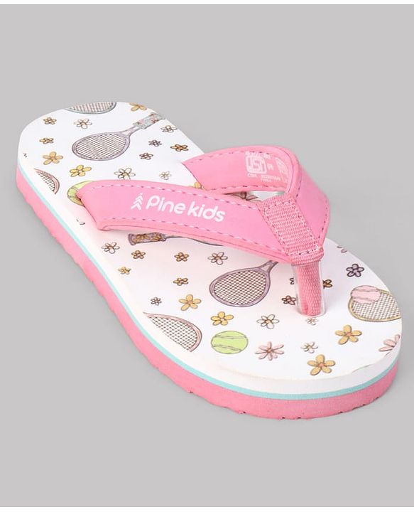 Pine Kids Slip On Flip Flops With Racket & Floral Print - Pink & White
