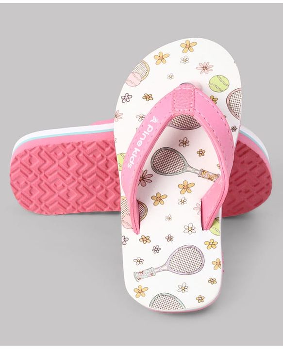 Pine Kids Slip On Flip Flops With Racket & Floral Print - Pink & White