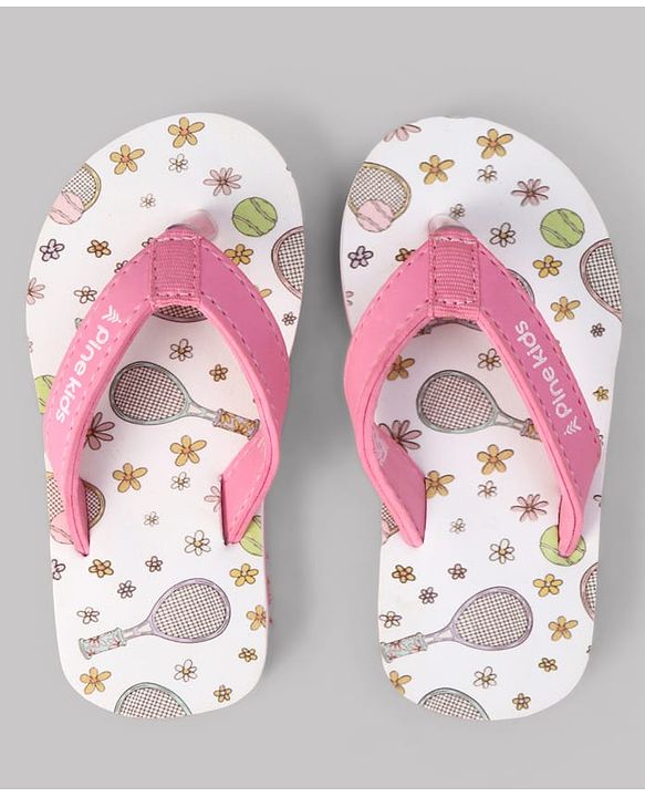 Pine Kids Slip On Flip Flops With Racket & Floral Print - Pink & White