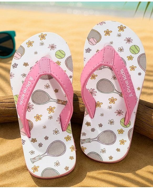Pine Kids Slip On Flip Flops With Racket & Floral Print - Pink & White