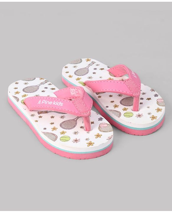 Pine Kids Slip On Flip Flops With Racket & Floral Print - Pink & White