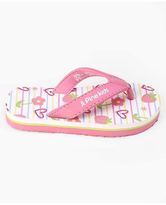 Pine Kids Slip On Flip Flops With Floral Print - Pink & White