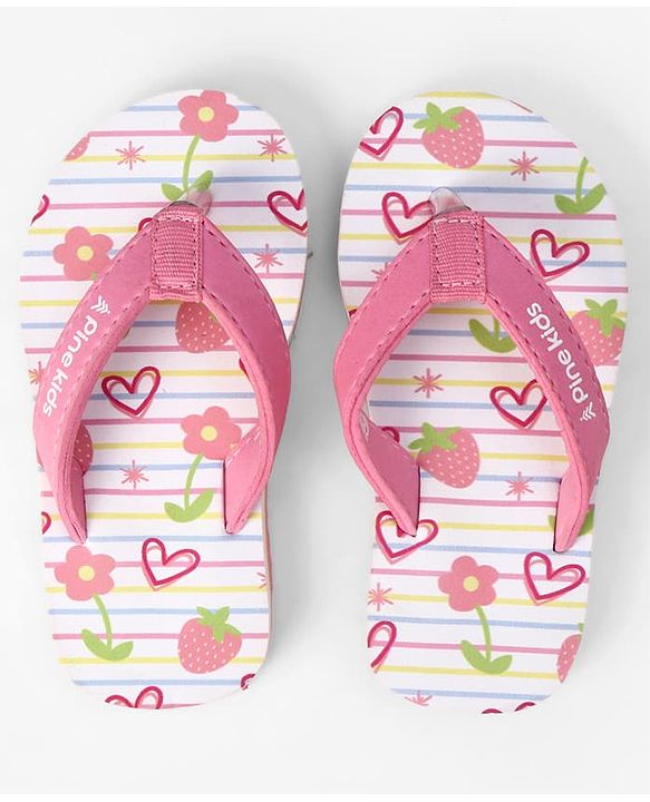 Pine Kids Slip On Flip Flops With Floral Print - Pink & White