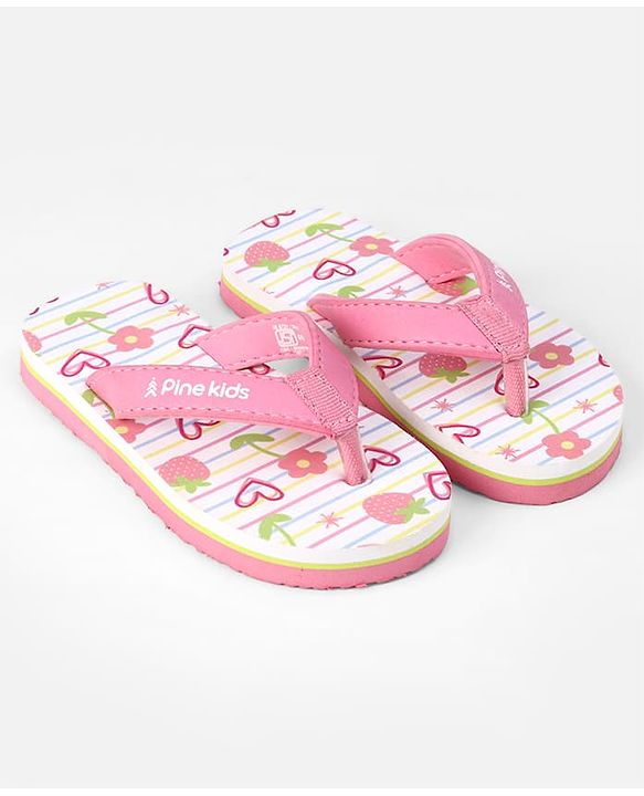 Pine Kids Slip On Flip Flops With Floral Print - Pink & White