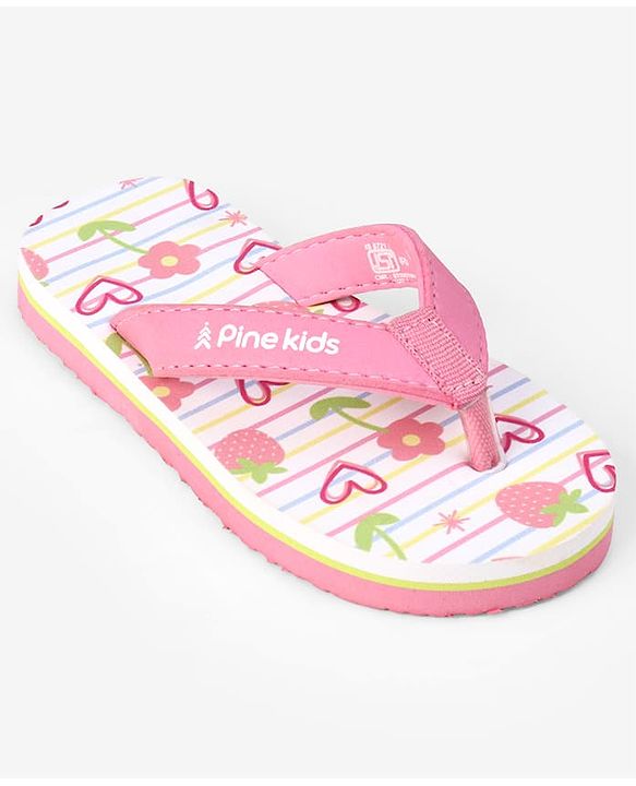 Pine Kids Slip On Flip Flops With Floral Print - Pink & White