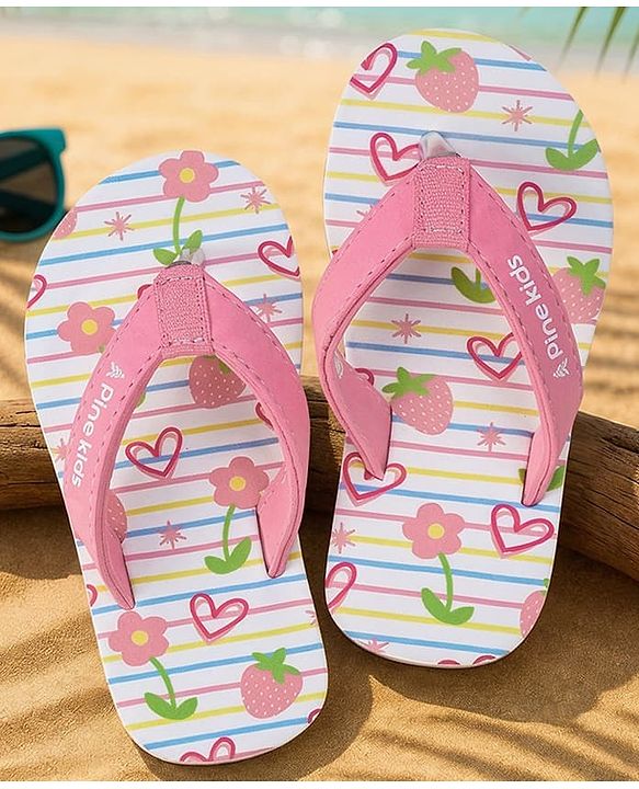 Pine Kids Slip On Flip Flops With Floral Print - Pink & White
