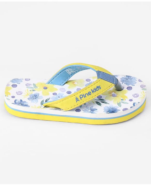 Pine Kids Slip On Flip Flops With Floral Print - Blue & Yellow