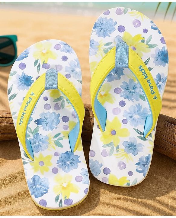 Pine Kids Slip On Flip Flops With Floral Print - Blue & Yellow