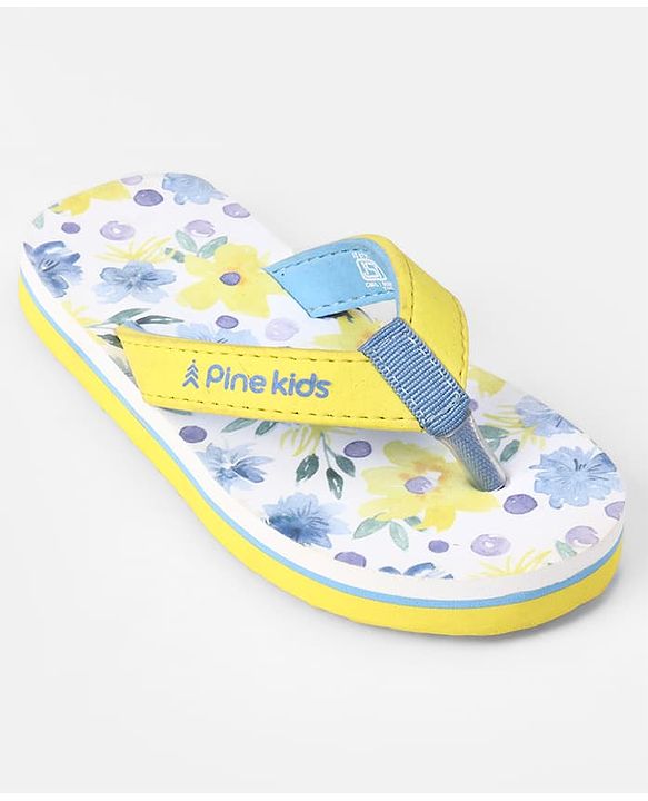 Pine Kids Slip On Flip Flops With Floral Print - Blue & Yellow