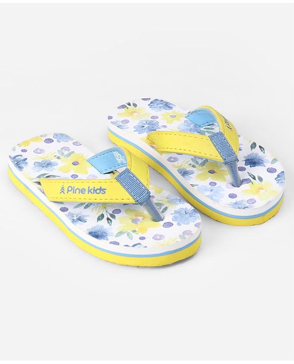 Pine Kids Slip On Flip Flops With Floral Print - Blue & Yellow
