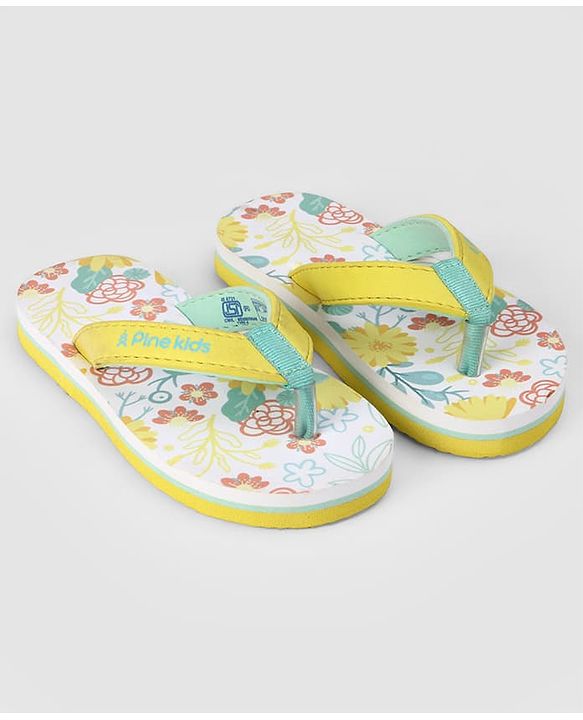Pine Kids Slip On Flip Flops With Floral Print - Pink & Yellow