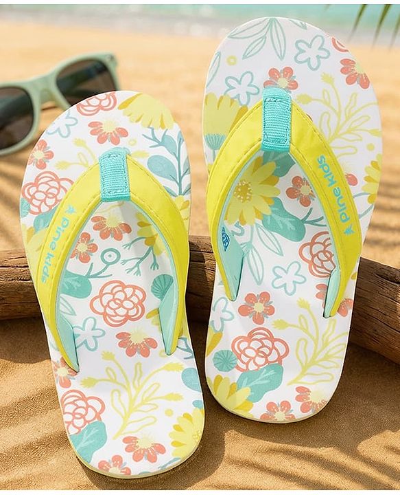 Pine Kids Slip On Flip Flops With Floral Print - Pink & Yellow