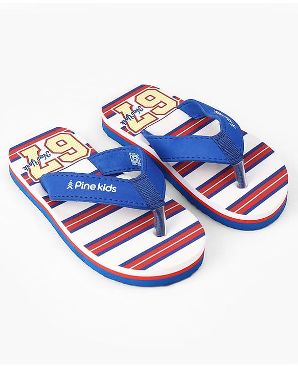 Pine Kids Slip On Flip Flops With Striped & Text Print - Blue & Red
