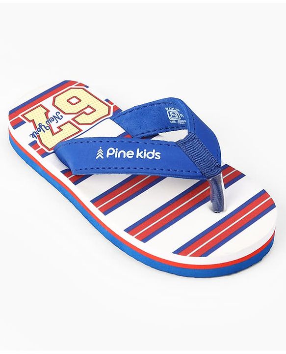 Pine Kids Slip On Flip Flops With Striped & Text Print - Blue & Red