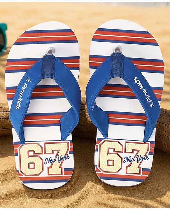 Pine Kids Slip On Flip Flops With Striped & Text Print - Blue & Red